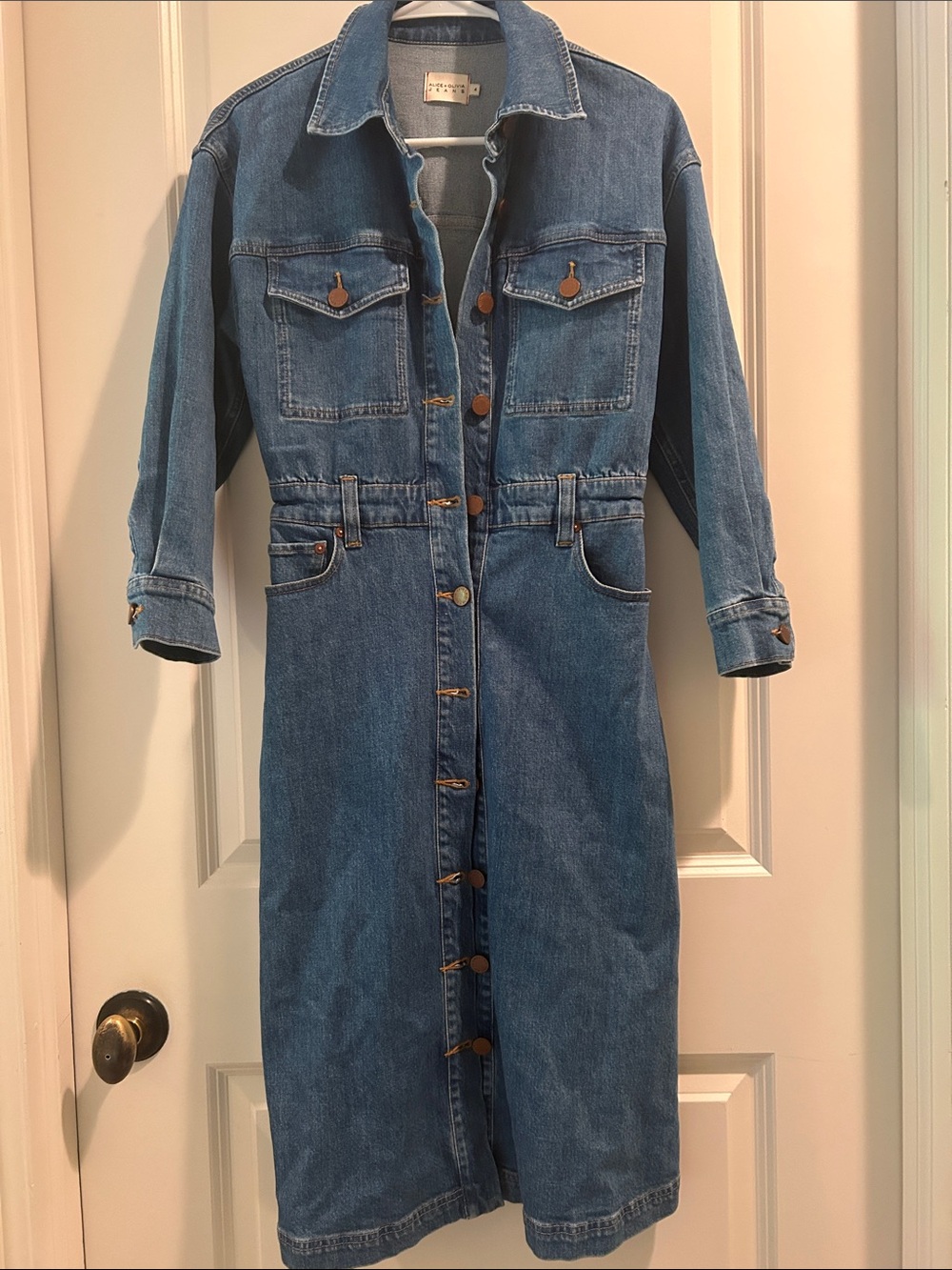 Alice & Olivia Full Button Front Midi Denim Jean Dress pockets w/stretch size 4 - Picture 11 of 13